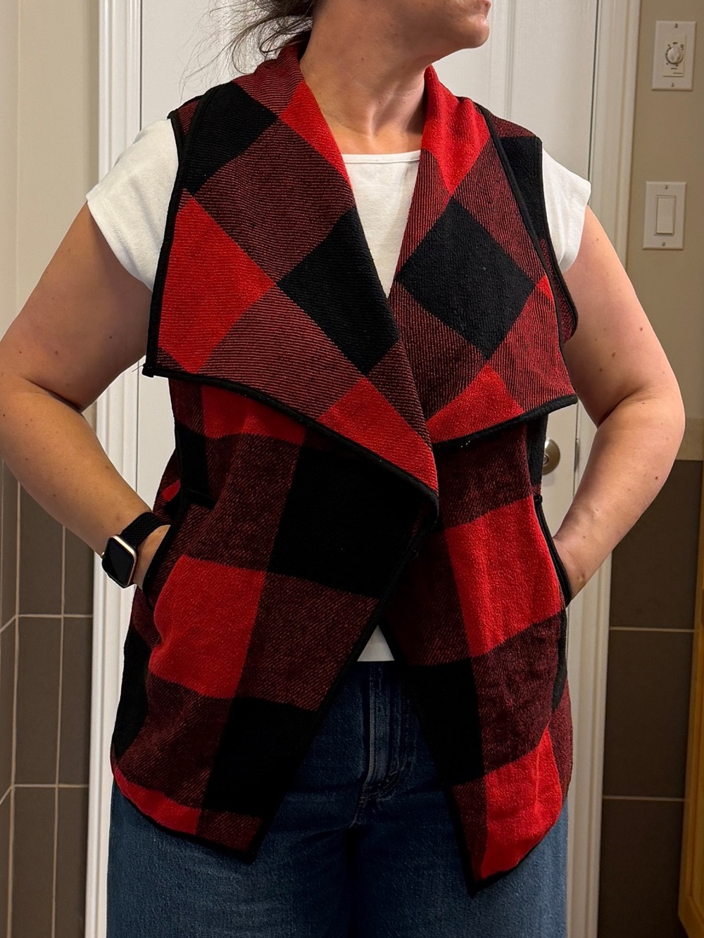 Women’s Red & Black Buffalo Plaid Draped Vest